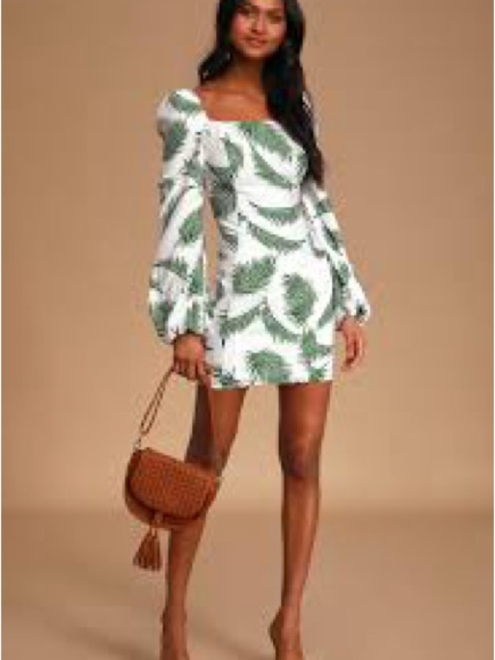 Women’s White Long Sleeve Dress with Green Palm Print